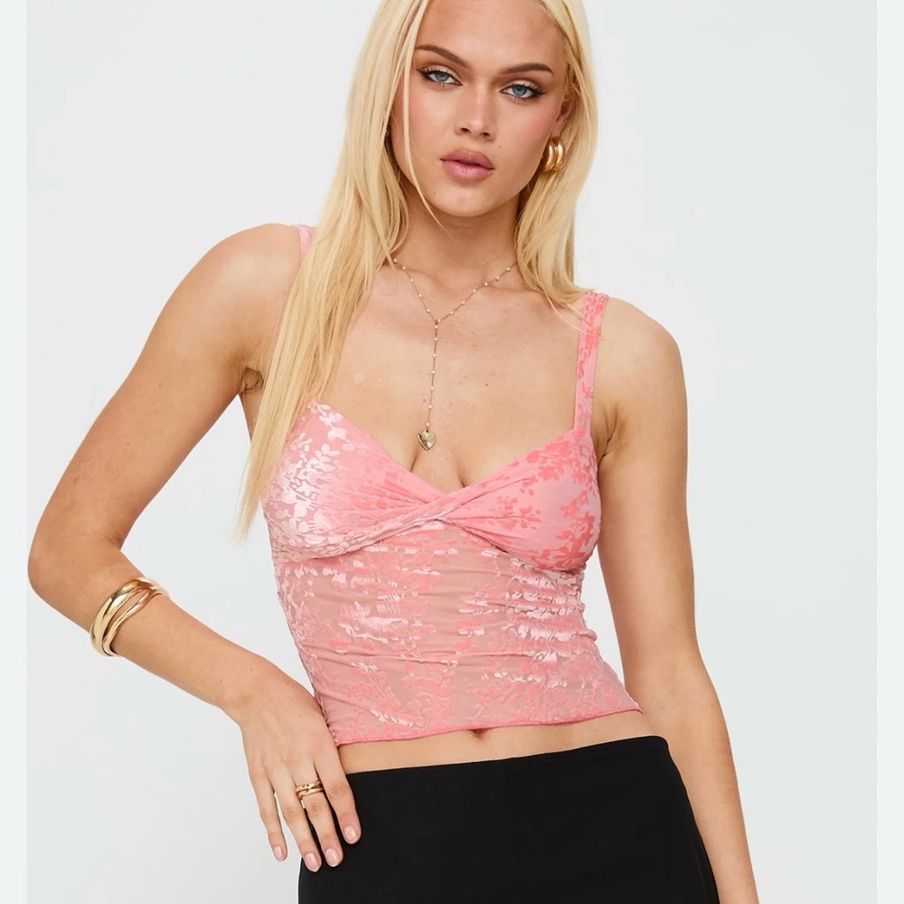 NWT Pink Floral Mesh Twist-Front Cami Top | Dalma Twist Top Pink Burnout
